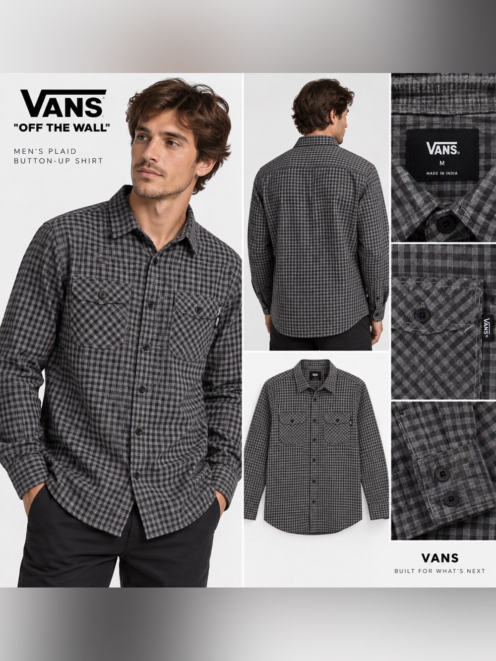 Vans Men's Gray and Black Check Plaid Button-Down Shirt